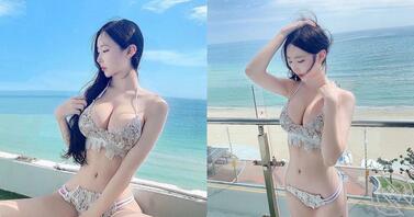 “美丽模特”度假放鬆，“浑圆的美乳”比海景还诱人！0